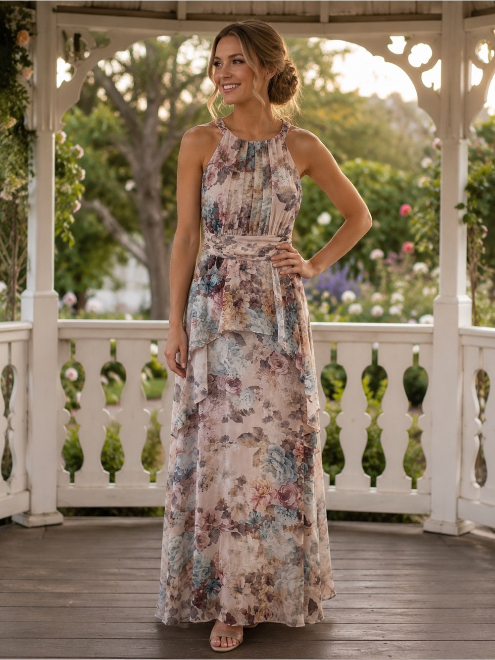 R&M Richards Floral Halter Dress in Blush with Blue and Pink Accents
